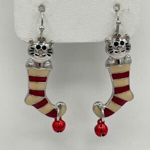 Christmas Stockings And Kitten Cat Jingle Bells Pierced Earrings